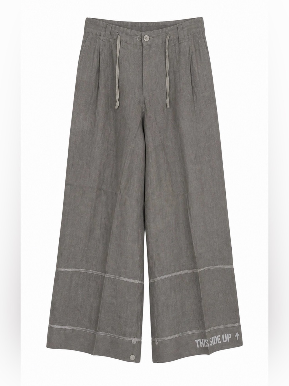 ANNETTE GOERTZ LINEN WIDE LEG PANTS. Sz 41 UNIQUE WITH “THIS SIDE UP” accent.